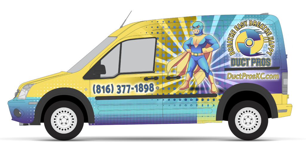 Duct Pros service van with superhero branding and company logo
