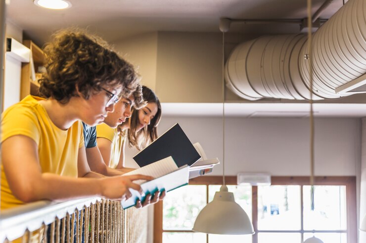 People reading under visible air ducts in a clean, modern indoor space