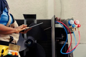 technician using tablet to inspect HVAC system in kansas city building