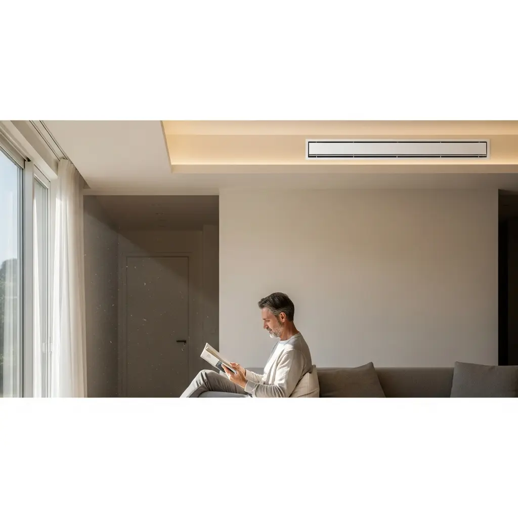 Person reading on a sofa beneath a ceiling air vent in a bright modern living room